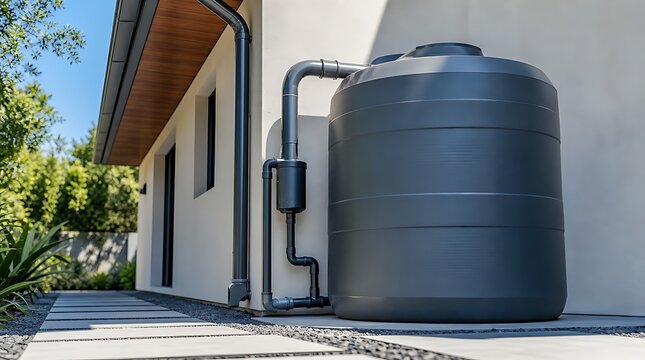 Low angle view of dark grey residential rainwater harvesting tank connected to gutter pipe alongside house, depicting sustainable water conservation, eco home plumbing, and rainwater collection.