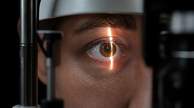 Extreme close up macro of human eye illuminated by slit lamp beam during ophthalmic exam, depicting optometry eye health diagnosis, cornea inspection, and professional medical vision test.