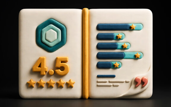 Soft clay style customer review notebook showing rating breakdown with five stars score bar chart and testimonial quotes icon