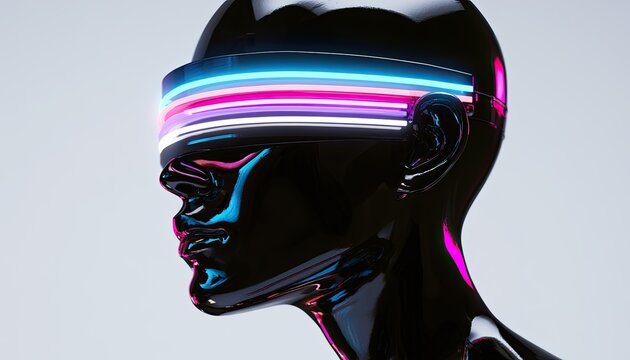 Sleek black head with futuristic neon visor glowing with vibrant colors