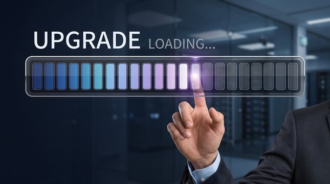 Enterprise software maintenance showing IT administrator touching digital system upgrade loading progress bar
