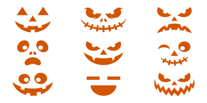 Collection of orange Halloween pumpkin face stencils and jack-o-lantern carving templates