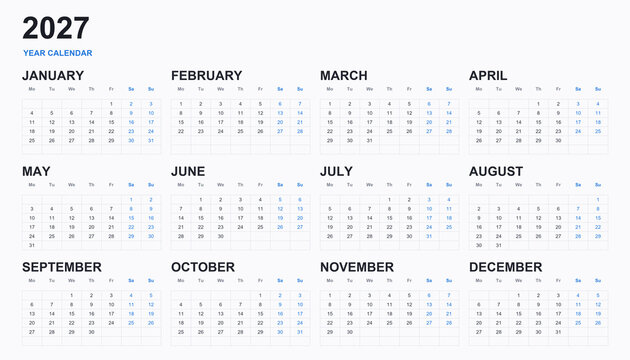 Ten years simple editable vector calendars for year 2019 2020 2021 2022 2023 2024 2025 2026 2027 2028 sundays in red first. 2027 Calendar Template Planner