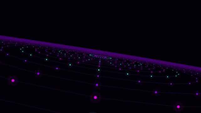 Glowing purple and cyan dots forming concentric rings in a vast digital space of dark energy