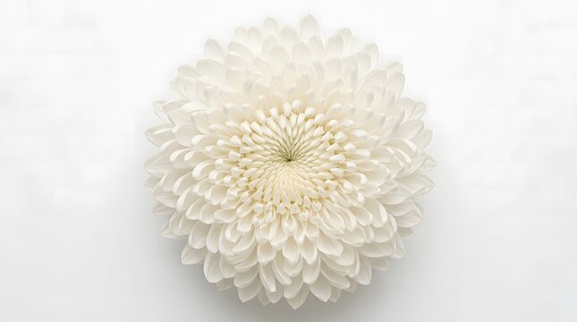 White chrysanthemum flower on white background. Macro shot of a blooming autumn flower.