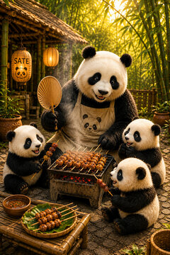 Cute Panda Family Grilling Satay Together In a Bamboo Forest, Warm Golden Hour Scene
