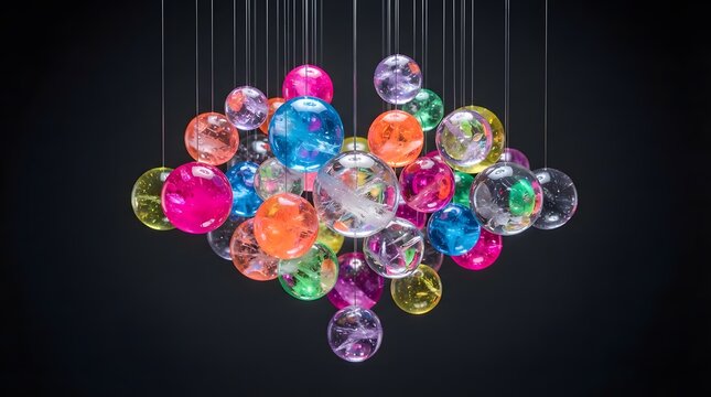 Modern colorful glass chandelier. Abstract glowing light fixture with vibrant spheres.