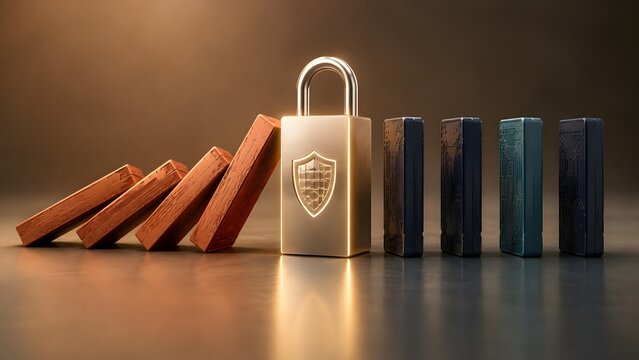 Golden padlock stopping falling domino blocks representing business risk management cybersecurity protection financial insurance and crisis prevention concept.