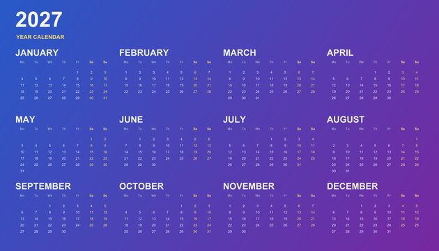 Yearly planner, calendar for 2024, colorful printable organizer template. Business schedule journal, 12 months set. Horizontal annual. 2027 Calendar Design Colorful