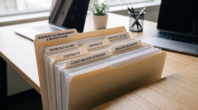 File folder stands on a wooden desk to organize important business documents and critical backup records.