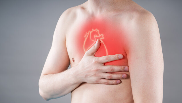 Man with chest pain, heart attack, myocardial infarction, painful area highlighted in red, graphic heart