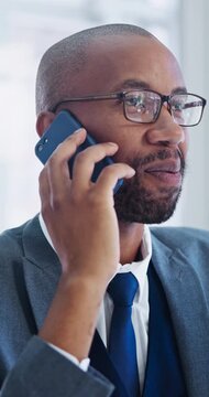 Phone call, happy and black man in office with communication, feedback or investment networking. Smile, cellphone and venture capitalist on mobile discussion for review on business growth at agency.