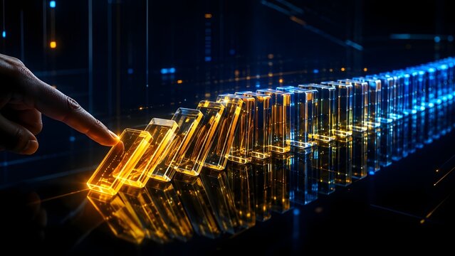 Hand pushing glowing glass dominos initiating a chain reaction representing business strategy catalyst effect and market trend momentum.