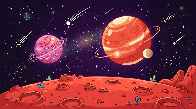 Cartoon planets and starry space scene with a red cratered landscape