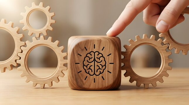 Strategic mental processing concept featuring hand connecting wooden gears to glowing brain icon cube