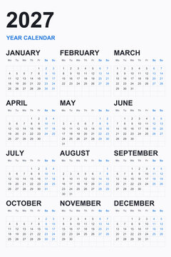 Monthly calendar layout for 2026 year. Diary planner for 2026 year. Week Starts on Sunday. 2027 Wall Calendar Template