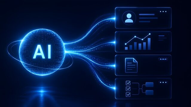 Glowing artificial intelligence sphere connecting to business data interface panels representing smart data analytics automated workflow and machine learning.
