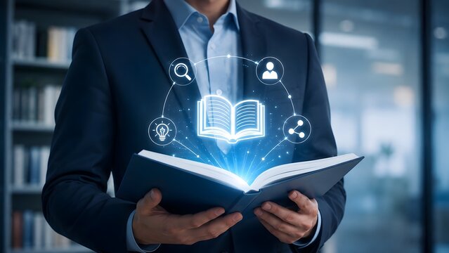 Businessman holding an open book with glowing digital network icons representing e-learning online education and corporate knowledge transfer.