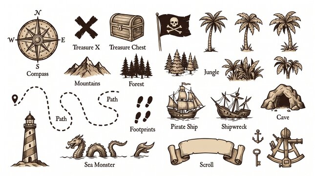 A collection of vintage-style illustrations depicting pirate adventure and treasure hunt elements like maps, ships, islands, and mythical creatures.