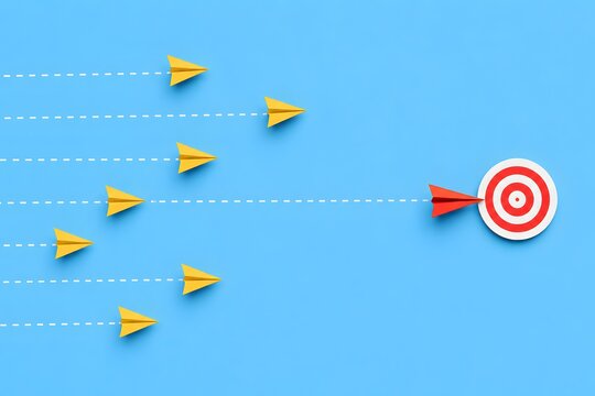 Competitive advantage and differentiation concept featuring red paper airplane hitting target while yellow planes miss