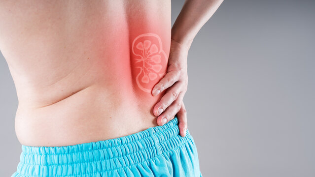 Close up back pain man, kidney stones concept, inflammation and disease, renal discomfort, painful area highlighted in red, graphic kidney