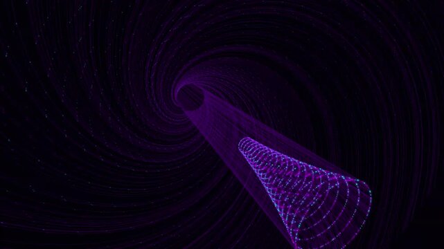 Glowing purple light particles form a rotating tunnel shape within deep space for futuristic scientific communication