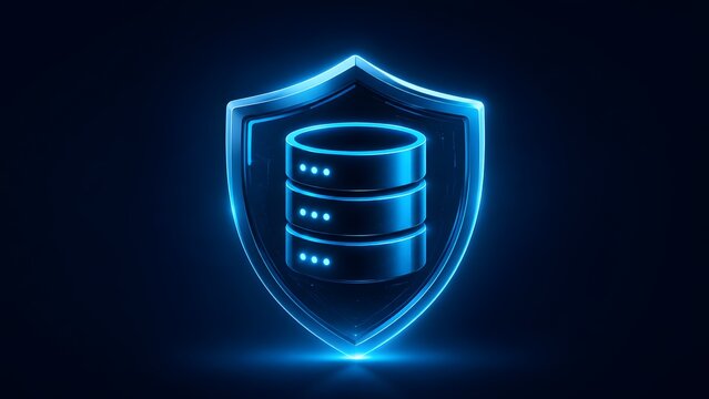 Glowing blue 3D shield enclosing a database icon representing cybersecurity data protection secure cloud storage and internet privacy concept.