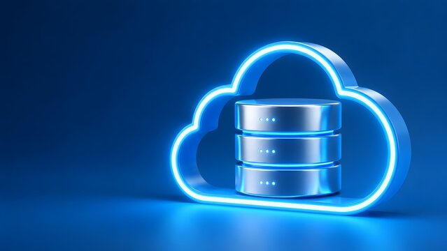 Metallic database cylinder inside a glowing blue neon cloud symbol representing cloud computing technology online server hosting and secure data storage.