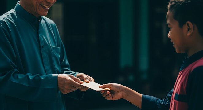 Smiling Muslim man in traditional attire giving money envelope to a boy during Hari Raya celebration, representing cultural traditions and generosity.