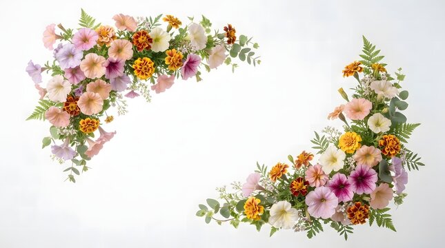 Floral corner frame with colorful spring flowers. Decorative botanical border on white.