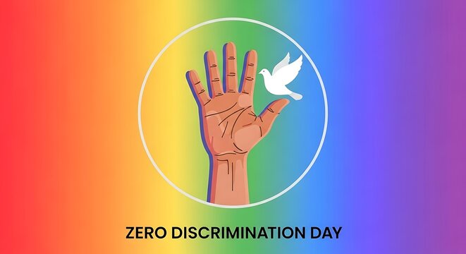 Zero Discrimination Day concept with open hand and peace dove illustration on rainbow background.