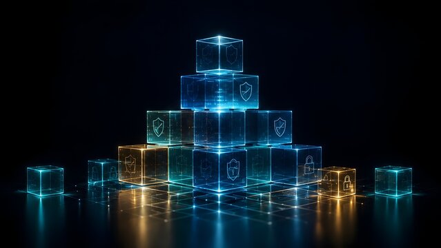 Stack of glowing glass cubes with shield icons representing cybersecurity data protection and decentralized blockchain network safety.