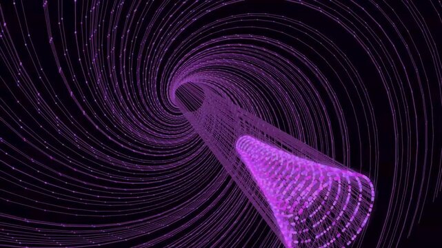 Glowing purple light particles form a rotating vortex funnel moving through dark infinite space tunnel
