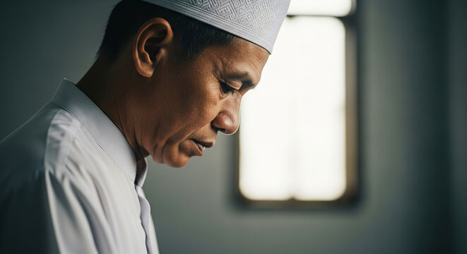 Side view of a devoted mature Muslim man wearing a white skullcap and traditional attire while praying in a peaceful mosque during Ramadan