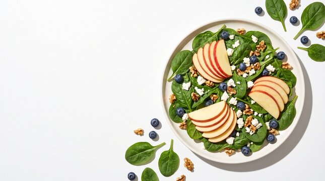 Fresh spinach salad bowl with apple slices blueberries walnuts and crumbled cheese on white background with top