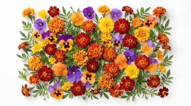 Colorful marigold and pansy flower arrangement. Flat lay floral background on white surface.