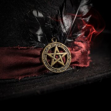 Generative AI illustration of a close up macro black witch hat adorned with a bronze pentagram pendant, black feathers, red ribbon, and red smoke against a dark background
