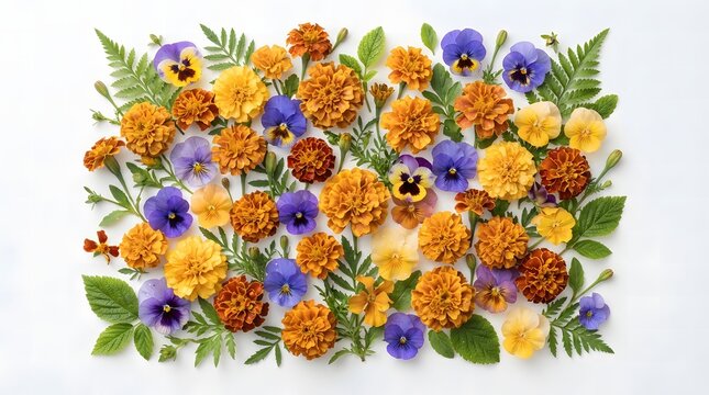 Flat lay of marigolds and pansies. Floral arrangement with orange flowers and green leaves.