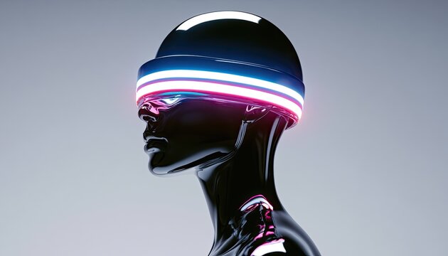 Gleaming, dark figure with glowing futuristic visor, side profile, augmented reality