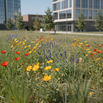 vibrant wildflowers in urban park bloom amidst modern office buildings on a sunny summer day