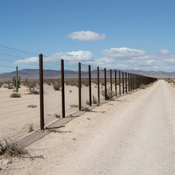 expansive desert landscape with barbed wire fence under a clear blue sky, conveying isolation and vastness