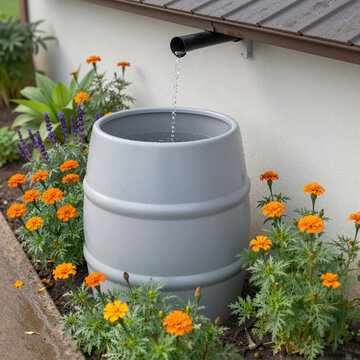 rainwater collection barrel surrounded by vibrant marigolds in a garden promoting eco-friendly gardening