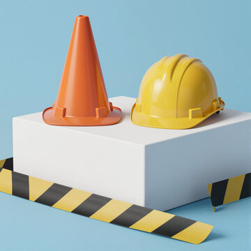 construction safety equipment with hard hat and traffic cone on blue background representing workplace safety