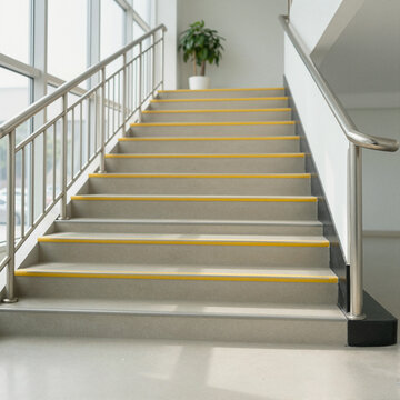 modern indoor staircase with yellow safety lines leading to a bright hallway in a minimalist office building