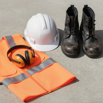 protective gear including hard hat, boots, and safety vest arranged on concrete for construction safety