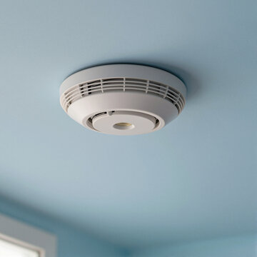 ceiling mounted smoke detector on blue painted wall ensuring home safety and fire prevention