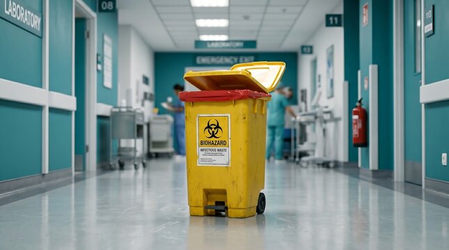 Biohazard waste bin in hospital corridor. Medical infectious trash container in clinic.