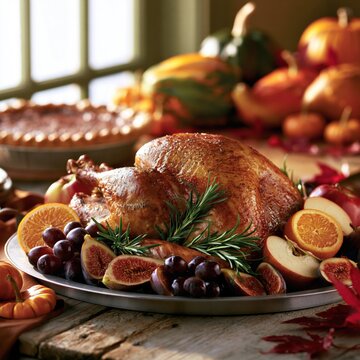 Autumn Harvest Roast Turkey Styled with Fresh Fruits Herbs and Warm Window Light Creating Cozy Seasonal Dining Atmosphere
