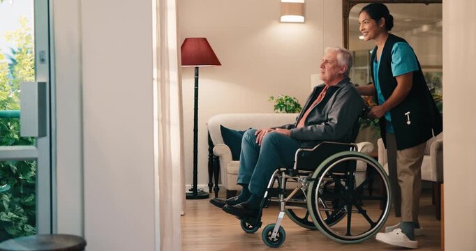 Nursing home, window and caregiver with old man in wheelchair, point and chat with patient and help. Pensioner, recovery and elderly person with disability, assisted living and happy with nurse