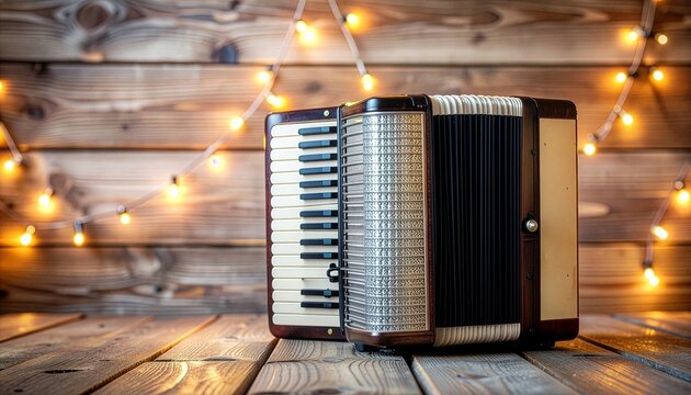 A vintage piano accordion standing on a rustic wooden floor, featuring a cozy textured wooden wall backdrop decorated with glowing warm fairy lights string during a festive celebration.